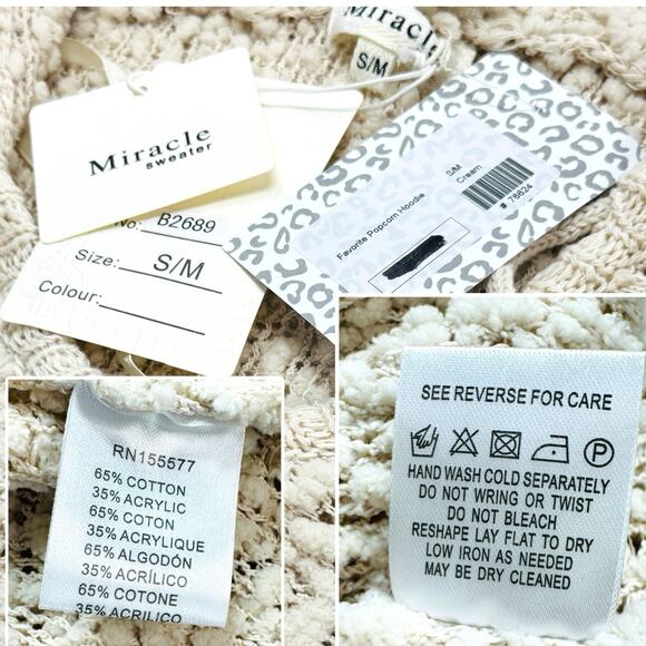 Hooded Popcorn Chenille Pullover Sweater Drawstring Women S/M Ivory Cozy Slouchy - Picture 8 of 9